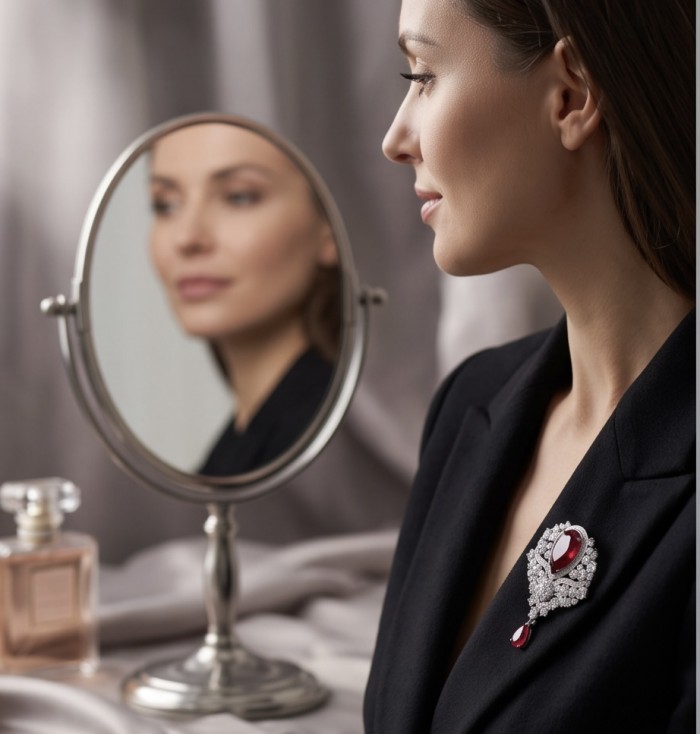 Heirloom Genuine 23.7 carat Kasmir Ruby .925 Sterling Silver handmade Pendant - Brooch - Woman wearing brooch with 23.7 carat Kashmir ruby, reflected in mirror.