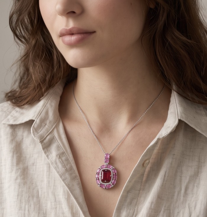 Giovanna 14.2 carat authentic Mozambique Ruby .925 Sterling Silver handmade Pendant - Necklace with Mozambique ruby worn on model showing pendant detail