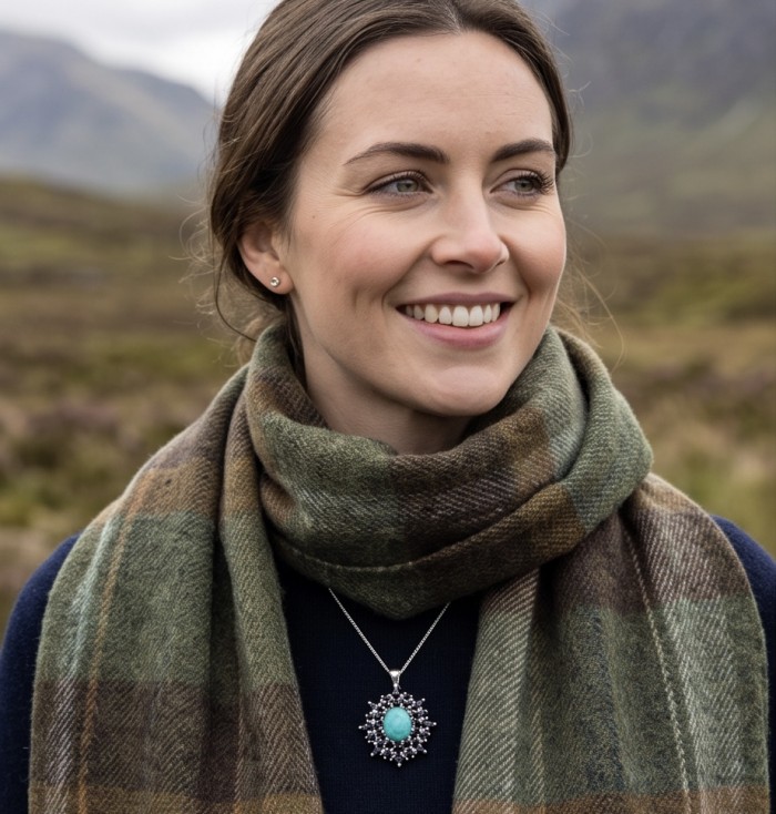Arizona Beauty Natural Natural Turquoise Sapphire .925 Sterling Silver handmade pendant - Pendant necklace with turquoise detail worn by model outside.