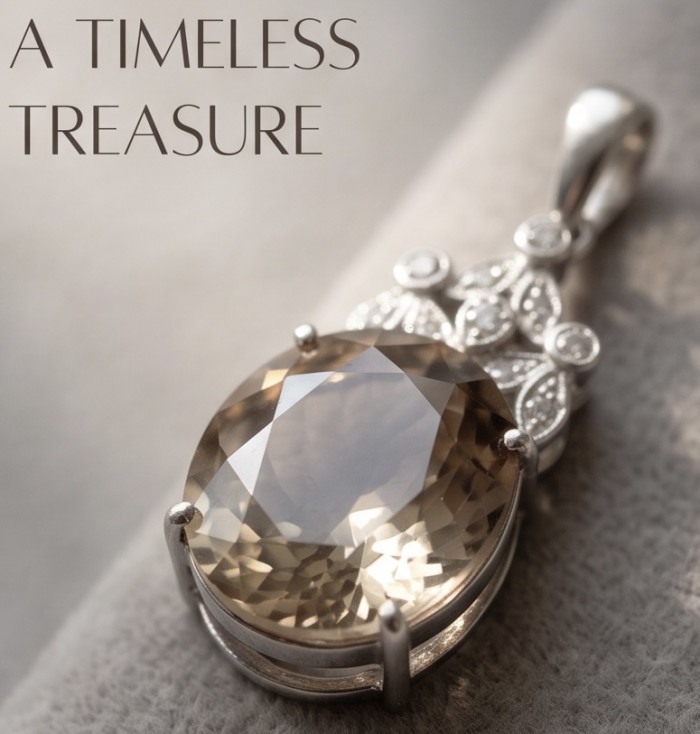 Luxury genuine 22.7 CARAT oval cut Champagne Topaz .925 Sterling Silver dipped in rhodium handmade Pendant - Close-up of luxury 22.7 carat oval Champagne Topaz pendant.