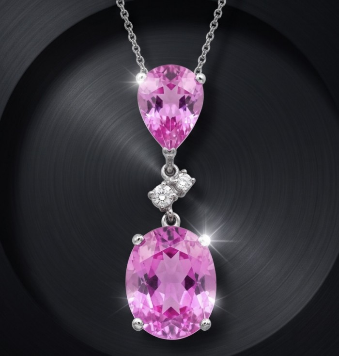 Incredible oval cut 18.8 carat Bubblegum Pink Sapphire .925 Sterling Silver handcrafted pendant - Pink sapphire necklace with diamonds, front view on black background