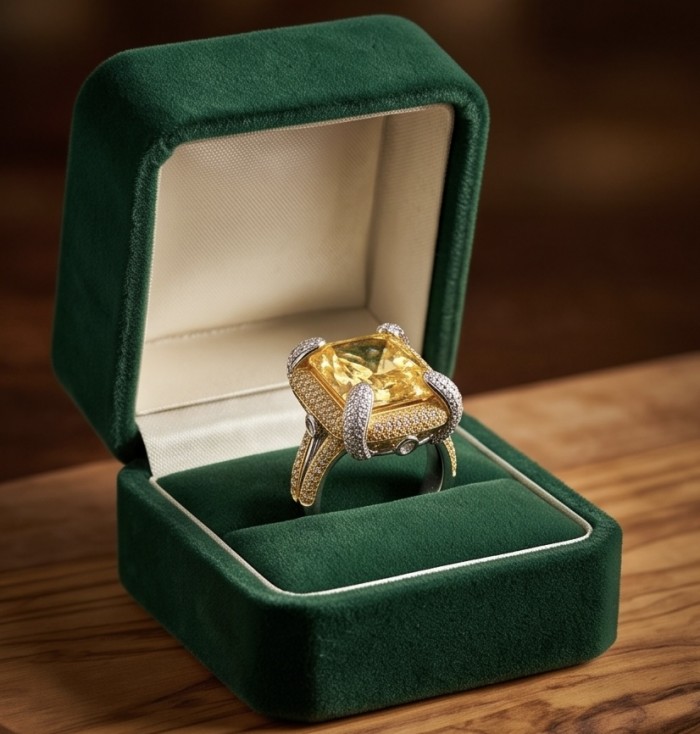 Carolyn - stunning 29.8 carat Genuine Yellow Sapphire rhodium over .925 Sterling Silver handcrafted ring size 7 - Yellow sapphire ring in green box, front view.