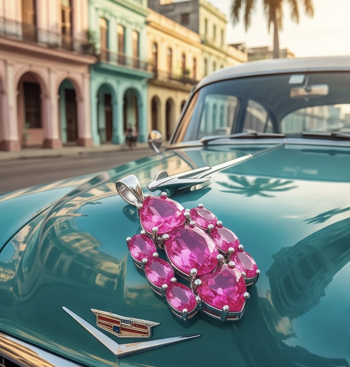 Isabella 11.3 carat Hot Pink Topaz .925 Sterling Silver Perfectly handcrafted Statement pendant - Hot Pink Topaz pendant close-up on vintage car hood in city street