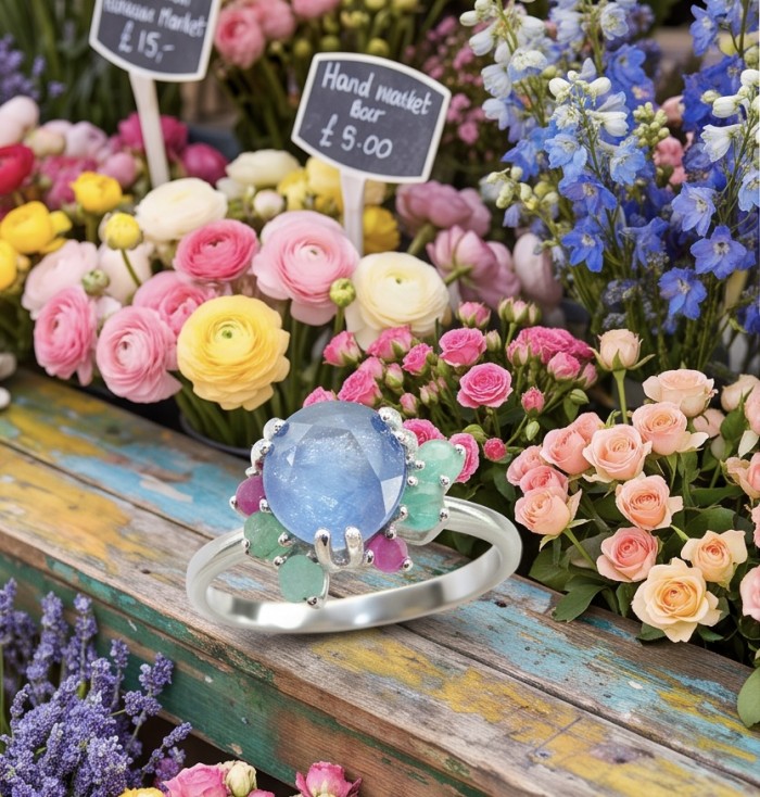 The Star of Kashmir 5.4 carat Sapphire Silver handmade Statement ring size 9 - Sapphire ring on rustic table with colorful flower display background.