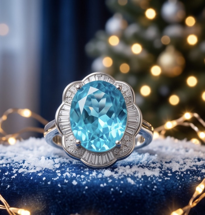 Gabriella 15.2 carat authentic Paraiba Tourmaline rhodium over .925 Sterling Silver handcrafted Statement Ring size 7 1/2 - Close-up of Gabriella 15.2 carat Paraiba Tourmaline ring on snowy surface.