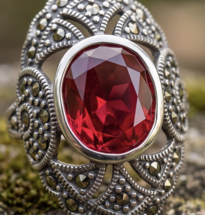 Scarlett 12.7 ctw Mozambique Ruby .925 Sterling Silver handcrafted Statement Ring size 8 3/4 - Close-up of Scarlett 12.7 ctw Mozambique Ruby in ornate silver setting