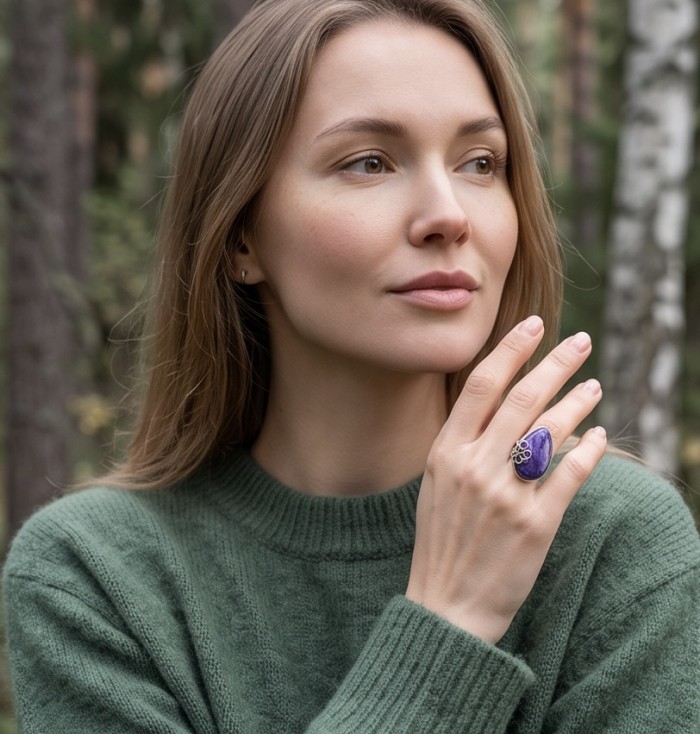 Large Natural Siberian Charoite .925 Sterling Silver handcrafted Large ring size 8 adjustable - Woman wearing Siberian Charoite ring in forest setting.