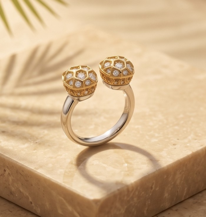 Luxurious 3.8 carat White Topaz 14K Gold over .925 Sterling Silver handcrafted Statement Ring size 7 - Double dome ring in gold and silver on marble background, side view