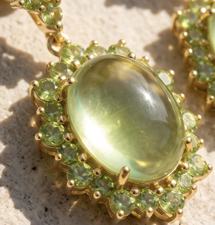 Wise Bliss Authentic 10.5 carat Prehnite 3.2 carat Peridot 22k Gold over .925 Sterling Silver handmade earrings - Close-up of Wise Bliss Prehnite and Peridot jewelry piece
