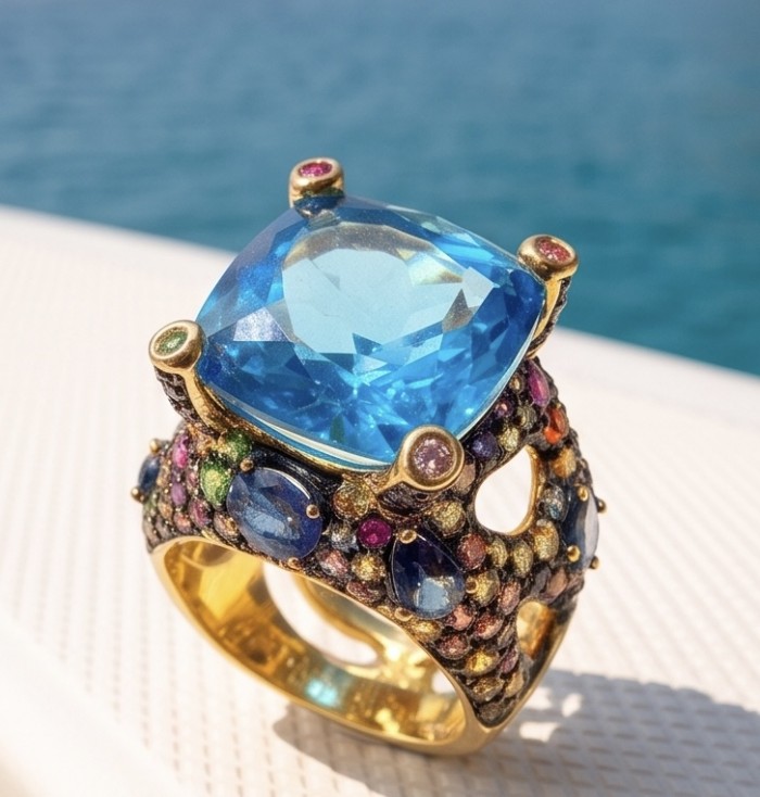 The Ocean Empress 28.8 carat Swiss Blue Topaz 5.2 carat Sapphire 22K Gold over .925 Sterling Silver dipped in rhodium handcrafted ring size 6 - Close-up of The Ocean Empress ring with blue topaz and sapphires.