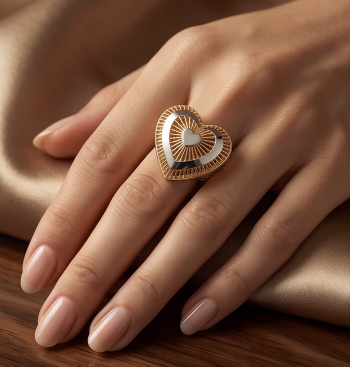 Dubai Style - Golden Heart .925 Sterling Silver dipped in 22K Gold handmade Large ring size 6 - photo 2