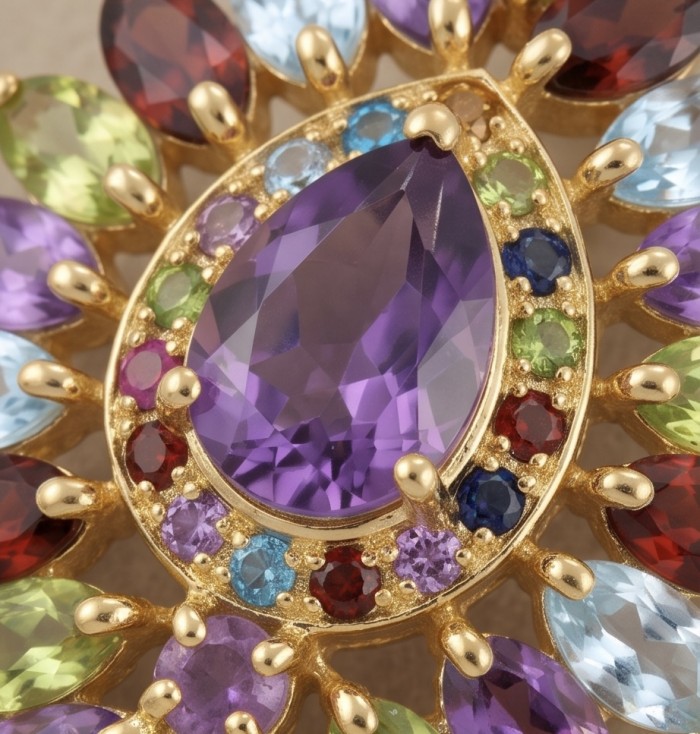 Mademoiselle - 15.5 carat natural Amethyst .925 Sterling Silver dipped in 18K Gold handcrafted Pendant - Close-up of Mademoiselle jewelry with 15.5 carat natural Amethyst stone.