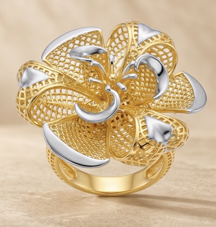 GOLDEN ROSE - Dubai Style - .925 Sterling Silver dipped in 22K Gold handmade Large ring size 7 - Close-up of Dubai style floral ring in gold and silver tones.