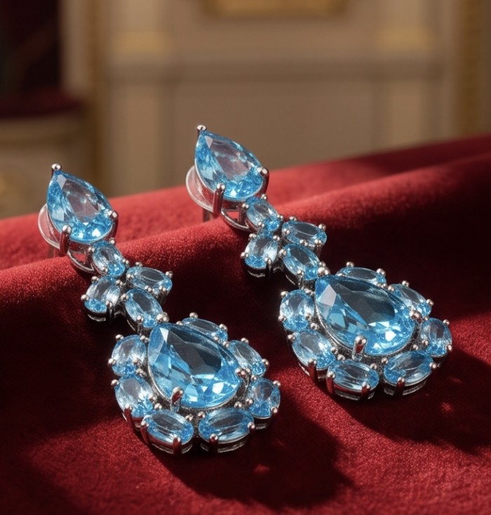 Atlantica 47.7 carat Swiss Blue Topaz .925 Sterling Silver dipped in Rhodium Handcrafted Statement earrings - Atlantica Swiss Blue Topaz earrings front view on red velvet