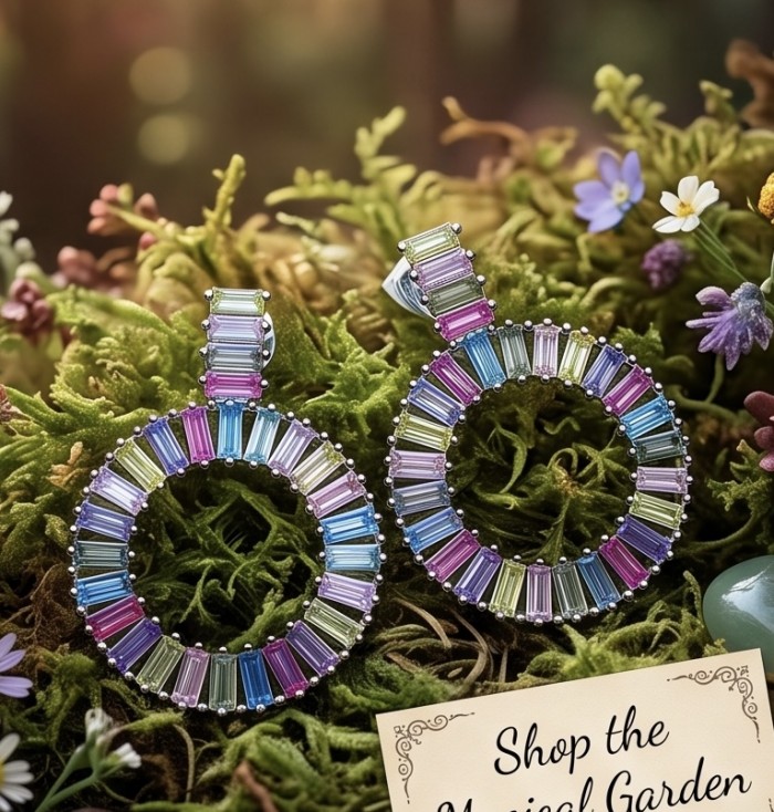 Rainbow authentic 6.5 carat Topaz rhodium over .925 Sterling Silver handcrafted Statement Earrings - Colorful hoop earrings on a mossy background, top view.