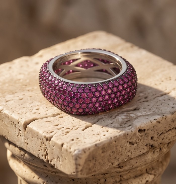 Giovanna 8.7 carat pave Kashmir Ruby .925 Sterling Silver handmade Statement Ring size 6 3/4 - Close-up of a ruby-paved sterling silver bangle on a stone surface