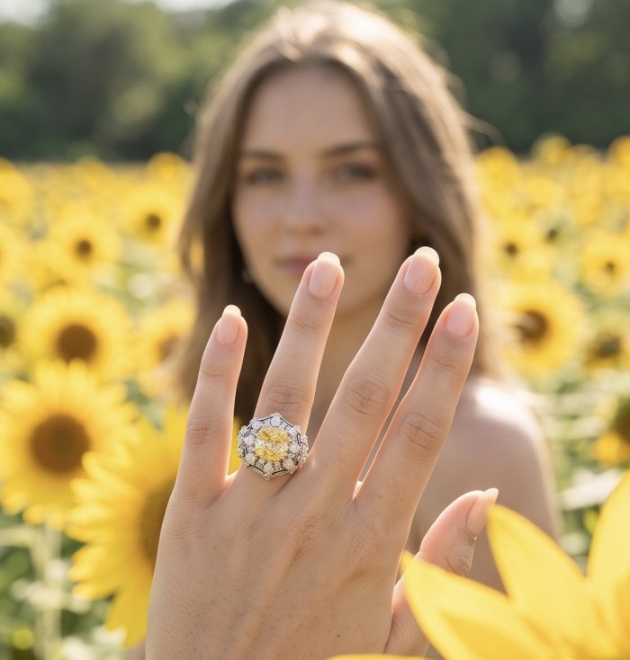 Luxurious asscher cut 18.5 carat Yellow Sapphire rhodium over .925 Sterling Silver handcrafted ring size 6 3/4 - Yellow sapphire ring worn on hand in sunflower field close-up.