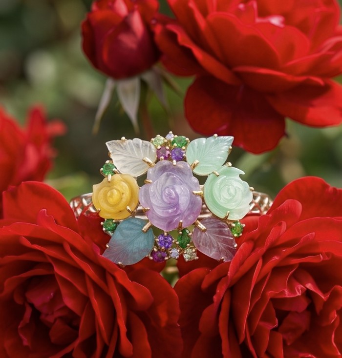 Blooming Garden - Authentic 4.9 carat Brazilian Citrine Amethyst .925 Sterling Silver dipped in rhodium handcrafted Bracelet - Blooming Garden ring with carved gemstones among red roses, front view.