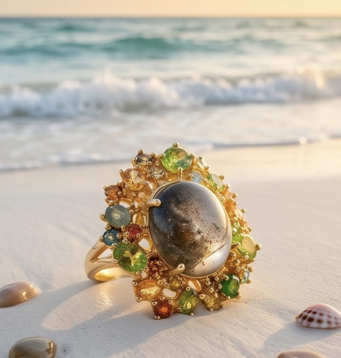 Giant! - The best quality genuine 26.5 carat Phantom Quartz 18K Gold over .925 Sterling Silver handmade Statement Ring s. 6 - Side view of 26.5 carat Phantom Quartz ring by the ocean.