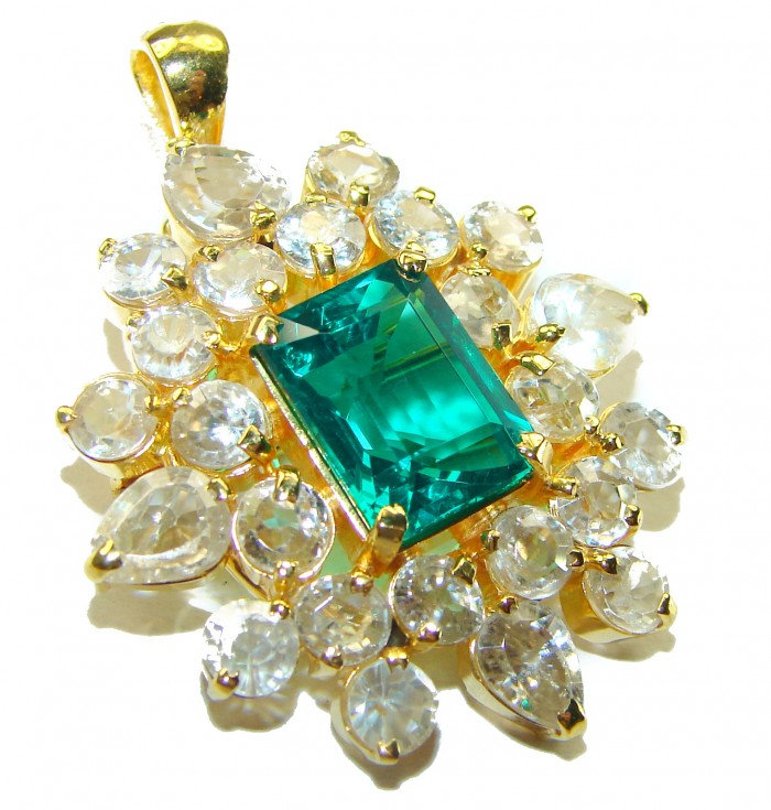 Vintage style Beauty 14.5 carat Emerald 14K Gold over .925 Sterling Silver handmade Pendant - Brooch - photo 2