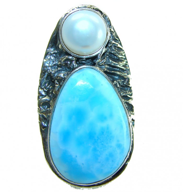 Venus- Caribbean Beauty Genuine Larimar Pearl .925 Sterling Silver handmade LARGE ring size 7 adjustable - photo 2
