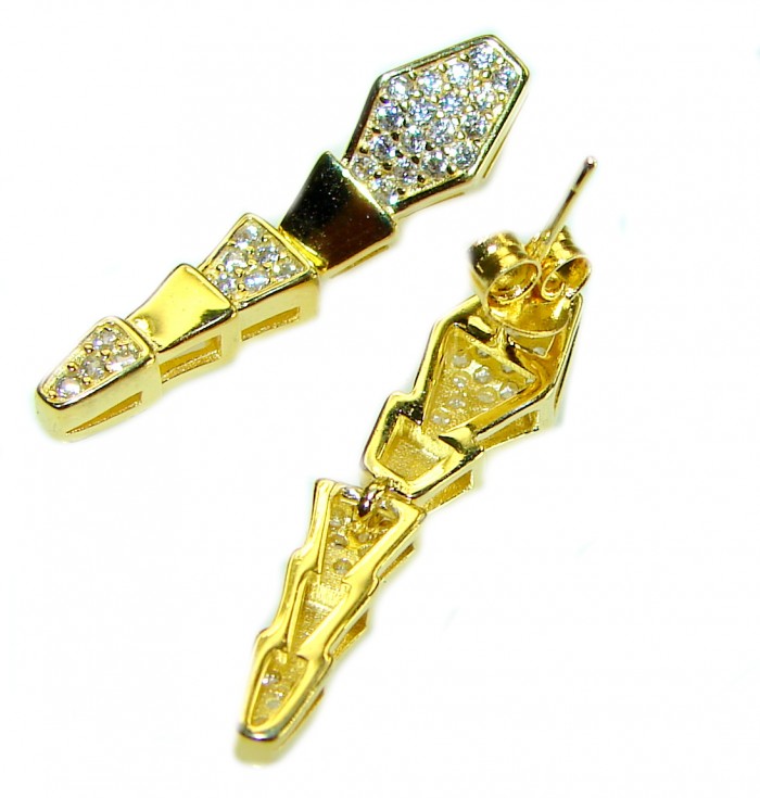Cleopatra - The Egyptian Cobra White Sapphire 18K Gold over .925 Sterling Silver handcrafted Earrings - Gold cobra earrings with white sapphires, angled view showing design details.