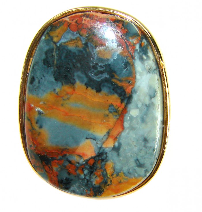 Large Silky Golden Pietersite 14K Gold over .925 Sterling Silver handmade Ring size 8 - Close-up of large silky golden Pietersite in 14K gold setting.