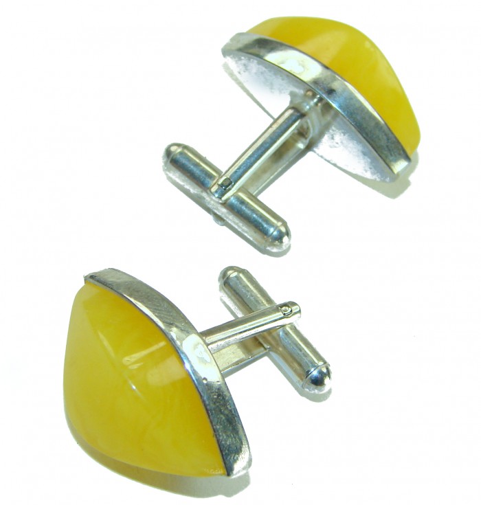 Amazing authentic Baltic Amber .925 Sterling Silver shirt cufflinks - Yellow Baltic Amber cufflinks, side view, sterling silver setting.