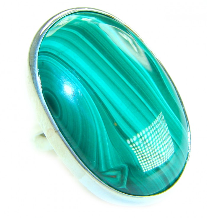 32.2 CARAT genuine Malachite .925 Sterling Silver handcrafted ring size 8 adjustable - Close-up of 32.2 carat malachite set in .925 sterling silver ring.