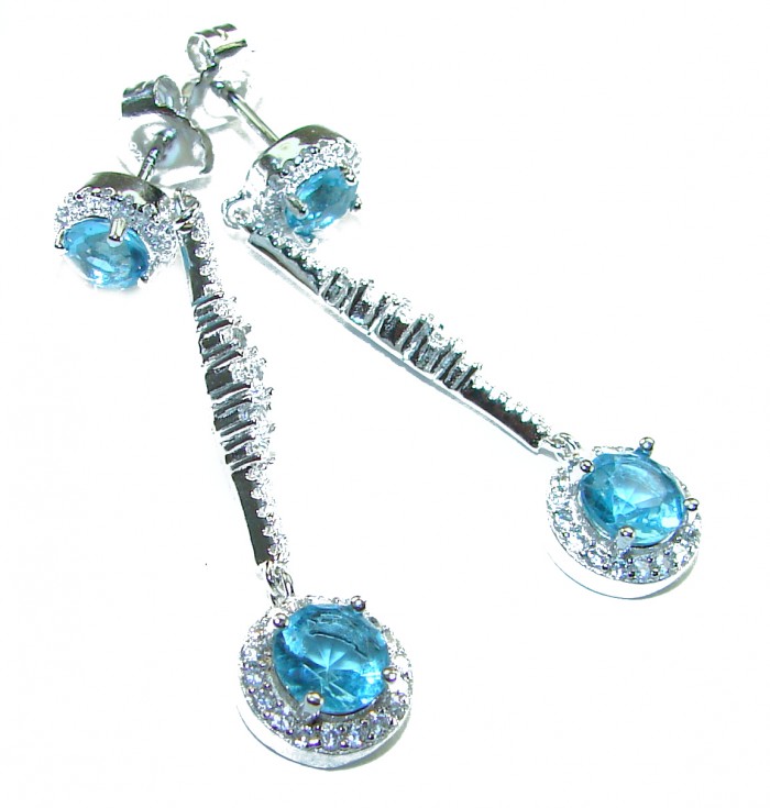 Eau Pure 4.5 carat Swiss Blue Topaz .925 Sterling Silver Handcrafted Earrings - Dangly earrings with Swiss blue topaz in close-up view