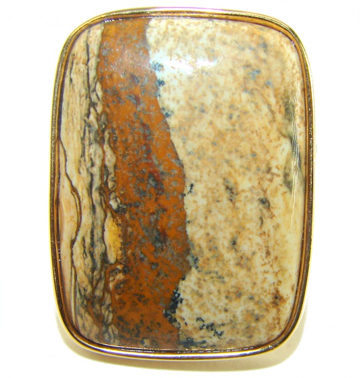 Huge Picture Jasper 14K Gold over .925 Sterling Silver handcrafted ring s. 9 - Close-up of Picture Jasper set in 14K gold over sterling silver frame.