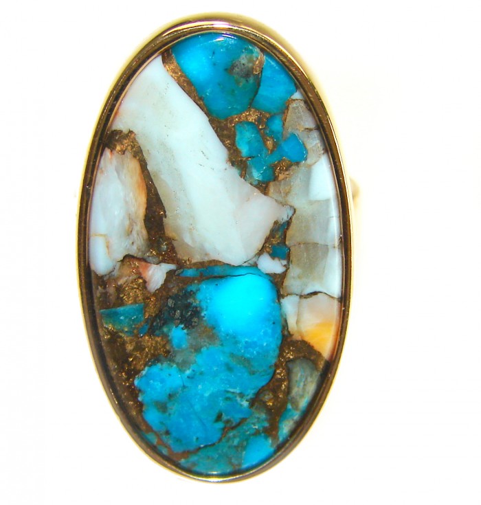 Rare 26.5 carat Oyster Turquoise 18K Gold over .925 Sterling Silver handcrafted Large ring; s. 8 adjustable - Close-up of rare 26.5 carat oyster turquoise in 18K gold over sterling