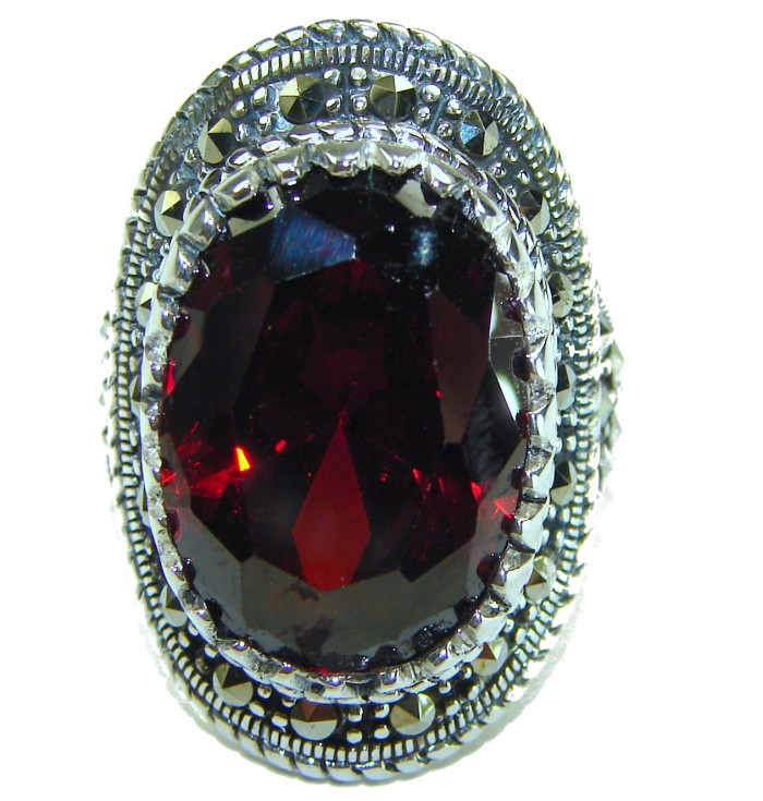 Crimson Fire Natural 29.4 carat Garnet Marcasite .925 Sterling Silver handmade Large Statement Ring size 7 - Close-up of Crimson Fire Garnet Marcasite sterling silver ring.