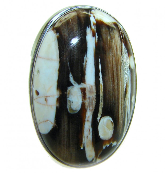 Exotic Petrified Palm Wood .925 Sterling Silver LARGE Ring size 7 adjustable - Close-up of fossilized wood stone on sterling silver ring.