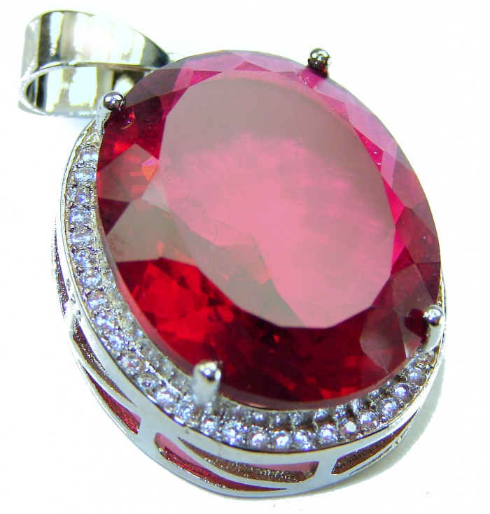 Superior quality 20.15 carat Electric Red Helenite .925 Sterling Silver Pendant - Close-up of 20.15 carat Electric Red Helenite pendant in silver setting.