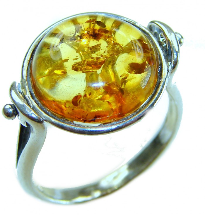 Family Tree - Natural Baltic Amber .925 Sterling Silver handcrafted ring; s. 6 - Amber ring in sterling silver setting, close-up of stone with tree design.