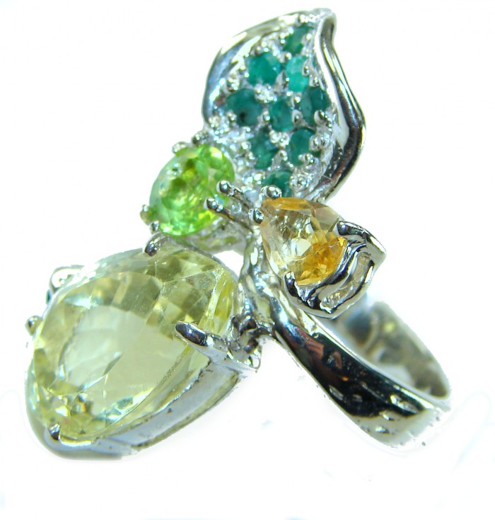 Exotic Flower 22.8 carat Genuine Lemon Quartz .925 Sterling Silver handcrafted ring size 7 - Exotic flower ring with lemon quartz, top view close-up.