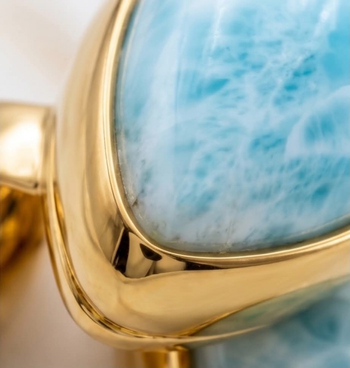 Blue Perfection Top QUALITY Blue Larimar 18K Gold over .925 Sterling Silver handmade Large ring size 8 adjustable - Close-up of Blue Larimar stone in 18K gold setting.