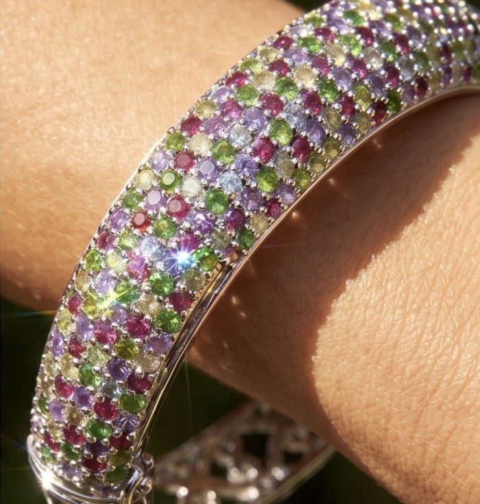 Fiesta Authentic 33.2 carat Multigem .925 Sterling Silver handmade bangle Bracelet - Close-up of multigem bracelet worn on wrist.