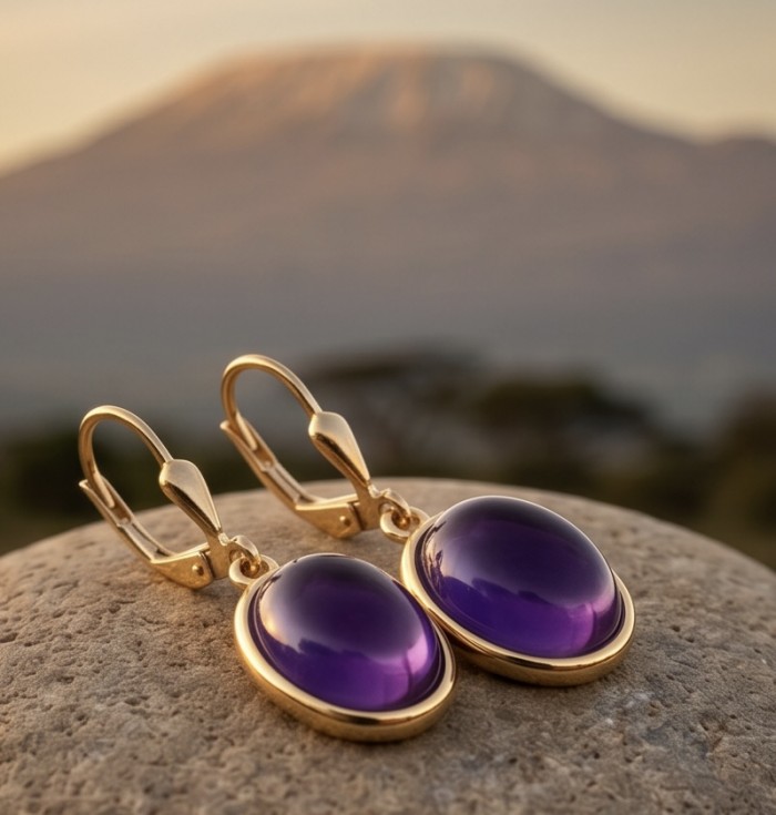 Lavender Beauty authentic 16.2 carat Amethyst 14K Gold over .925 Sterling Silver handcrafted earrings - Amethyst earrings on stone, close-up, mountain background.