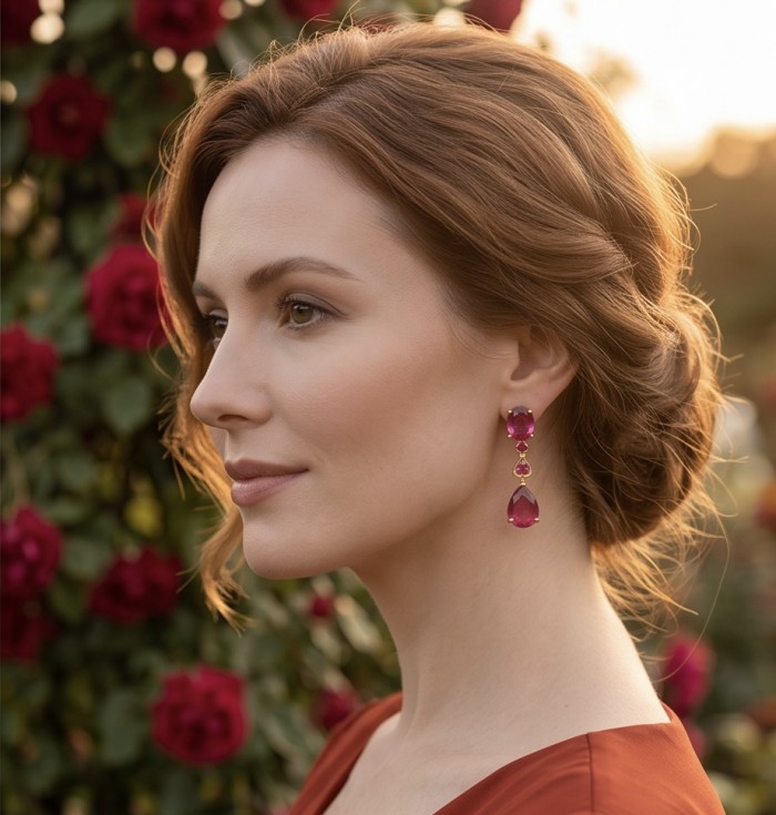 Giovanna - Magnificent Jewel 6.5 carat Mozambique Ruby 22K Gold over .925 Sterling Silver handcrafted incredible earrings - Side view of ruby earrings worn, set in 22K gold with Mozambique ruby.