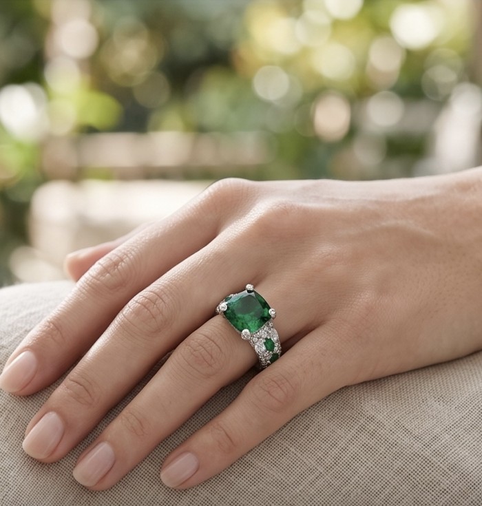 Top quality - Real Treasure asscher cut 17.2 carat Chrome Diopside .925 Sterling Silver Ring size 7 - Hand wearing an emerald ring, showcasing the stone and setting.
