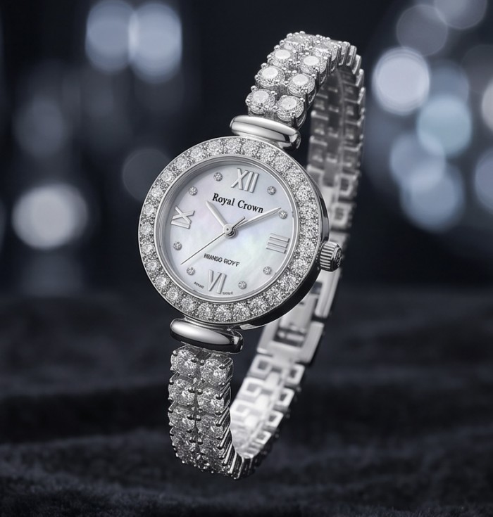 Precious 45.8 carat natural White Topaz .925 Sterling Silver handmade Bracelet - Watch - Elegant watch with white topaz and sterling silver, side view on display.