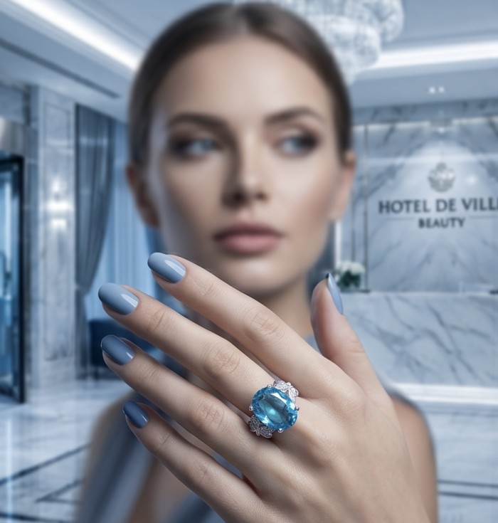 Paris Sky Blue 14.8 carat Swiss Blue Topaz .925 Sterling Silver dipped in rhodium handcrafted ring size 7 3/4 - Woman wearing Paris Sky Blue Topaz ring, focus on hand with blue nails.