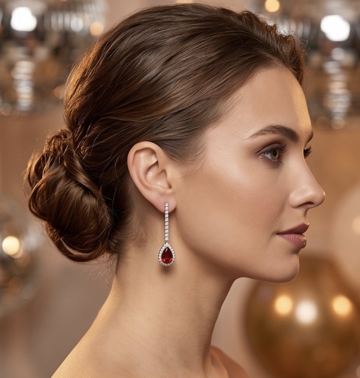 Giovanna - Magnificent Jewel 4.5 carat Ruby .925 Sterling Silver handcrafted incredible earrings - Side view of woman wearing Giovanna ruby earrings in elegant setting.