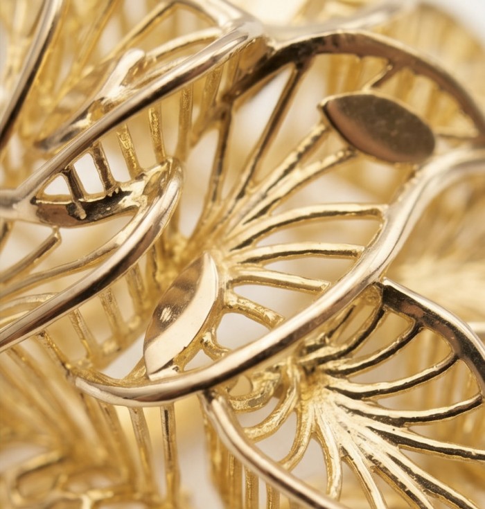 Dubai Style - .925 Sterling Silver dipped in 22K Gold handmade Large ring size 8 - Close-up of intricate gold-patterned sterling silver jewelry detail.