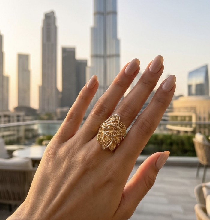 Dubai Style - .925 Sterling Silver dipped in 22K Gold handmade Large ring size 8 - Gold leaf ring worn on hand, Dubai skyline backdrop.