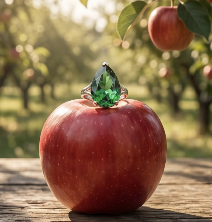Green Royalty Natural 21.6 carat Chrome Diopside .925 Sterling Silver ring size 5 1/2 - Chrome diopside ring on apple, front view, orchard background.