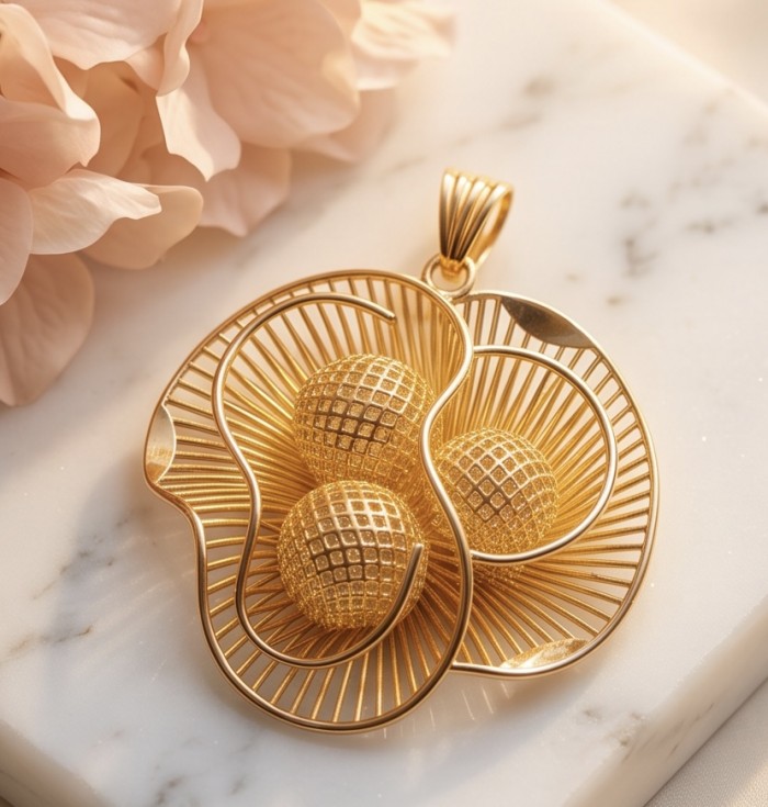 Dubai Style - Golden Rose .925 Sterling Silver dipped in 22K Gold handmade Pendant - Golden pendant with intricate design, top view, on marble surface.