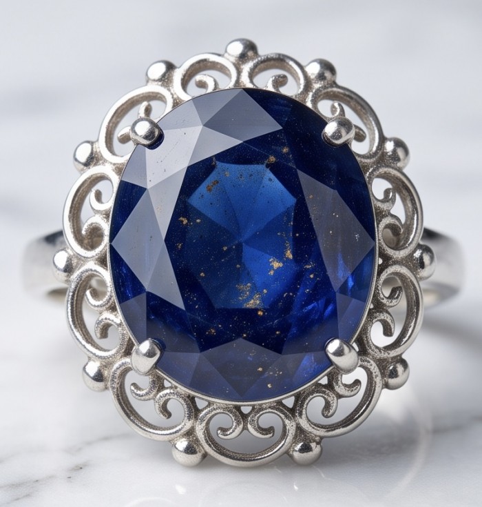 Blue Angel Genuine 20.5 carat Sapphire from Madagascar .925 Sterling Silver dipped in rhodium handcrafted Ring size 6 - Close-up of ornate silver ring with a 20.5 carat blue sapphire.